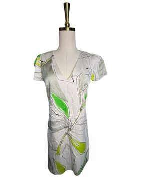 Milly Chloe V-Neck White & Green Floral Watercolor Shift Dress Size 4